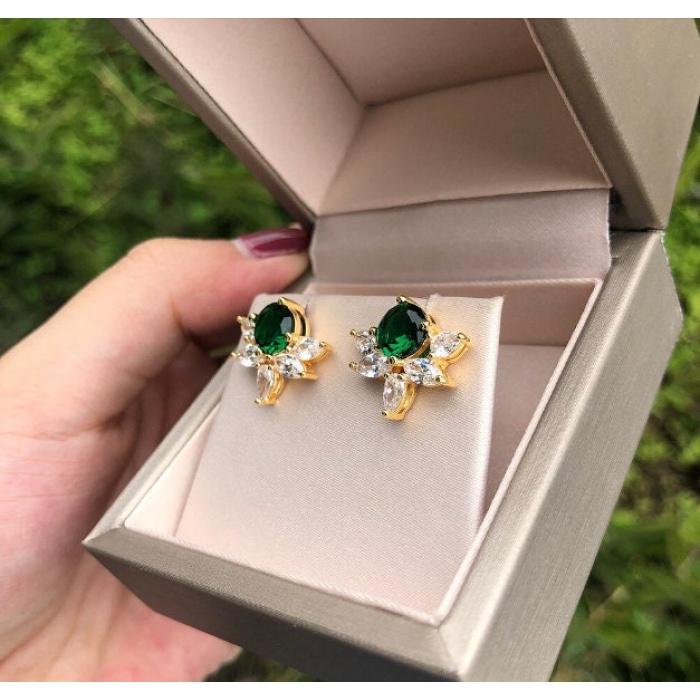 Lab Emerald Drop Earrings, 925 Sterling Silver, Emerald Drop Earrings, Emerald Silver Earrings, Luxury Earrings, Round Cut Stone Earrings | Save 33% - Rajasthan Living 7