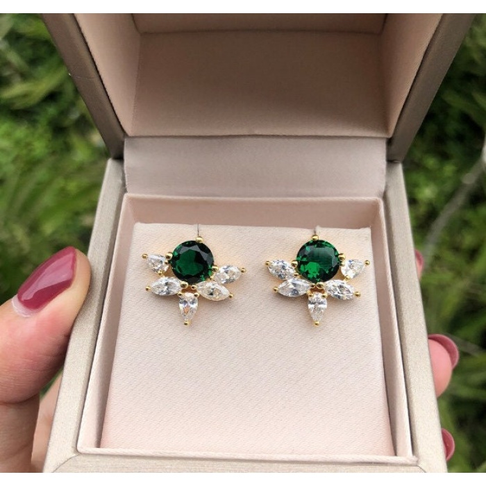 Lab Emerald Drop Earrings, 925 Sterling Silver, Emerald Drop Earrings, Emerald Silver Earrings, Luxury Earrings, Round Cut Stone Earrings | Save 33% - Rajasthan Living 5