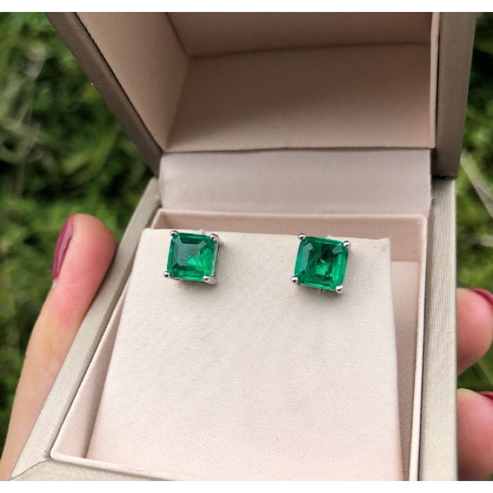 Lab Emerald Stud Earrings, 925 Sterling Silver, Emerald Stud Earrings, Emerald Silver Earrings, Luxury Earrings, Asscher Cut Stone Earrings | Save 33% - Rajasthan Living 8