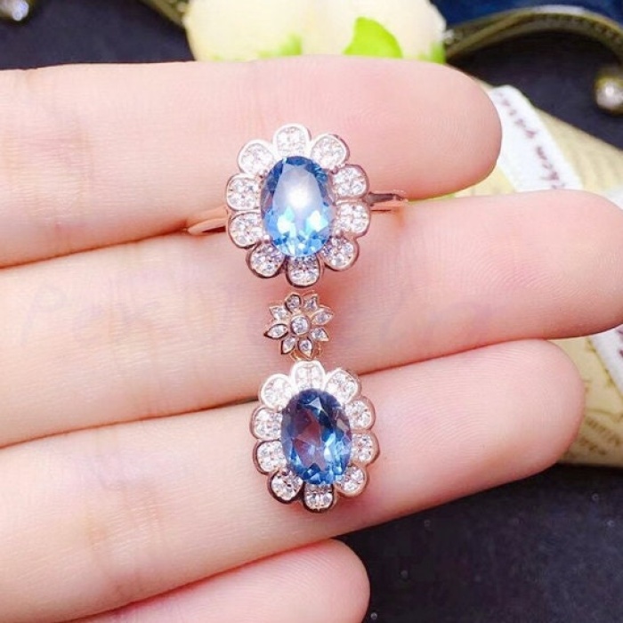 Natural Blue Topaz Jewelry Set, Engagement Ring, Blue Topaz Jewelry Set, Woman Pendant, Topaz Necklace, Luxury Pendant, Oval Cut Stone | Save 33% - Rajasthan Living 9