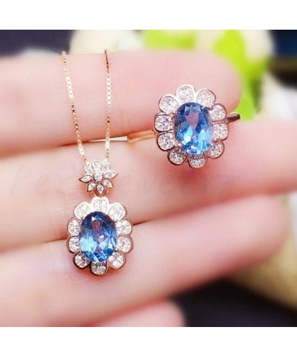 Natural Blue Topaz Jewelry Set, Engagement Ring, Blue Topaz Jewelry Set, Woman Pendant, Topaz Necklace, Luxury Pendant, Oval Cut Stone | Save 33% - Rajasthan Living