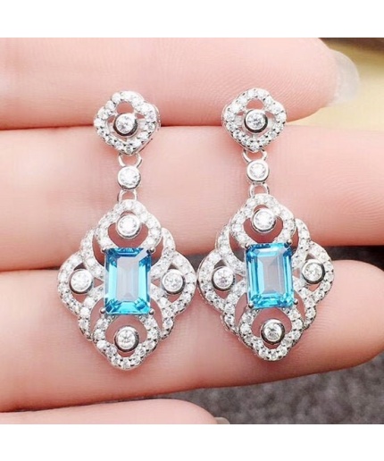 Natural Blue Topaz Drop Earrings, 925 Sterling Silver, Studs Earrings, Blue Topaz Earrings, Luxury Earrings, Emerald Cut Stone Earrings | Save 33% - Rajasthan Living