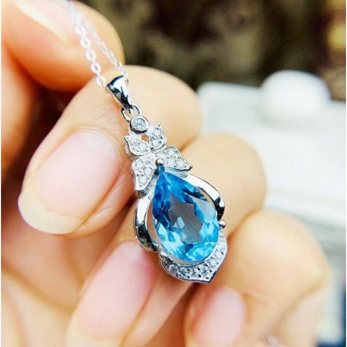 Natural Blue Topaz Pendant, Engagement Blue Topaz Silver Pendent, Woman Pendant, Pendant Necklace, Luxury Pendent, Pear Cut Stone Pendent | Save 33% - Rajasthan Living 8