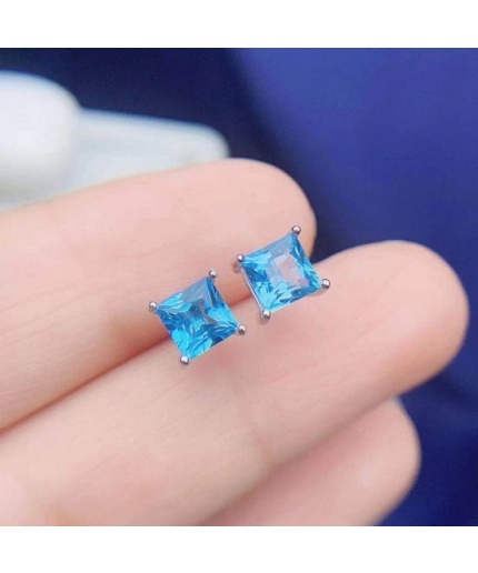 Natural Sky Blue Topaz Drop Earrings, 925 Sterling Silver, Studs Earrings, Blue Topaz Earrings, Luxury Earrings, Princess Cut Stone Earrings | Save 33% - Rajasthan Living 3