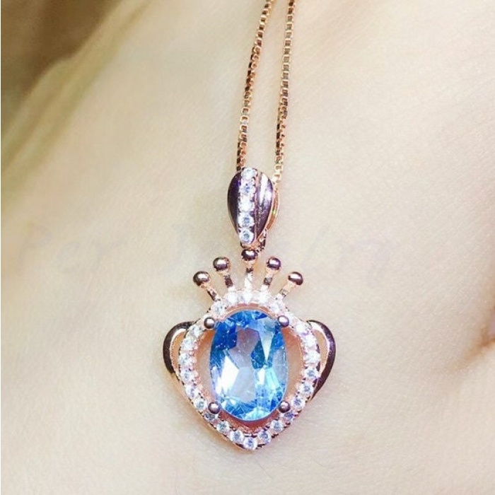 Natural Blue Topaz Pendant, Engagement Blue Topaz Silver Pendent, Woman Pendant, Pendant Necklace, Luxury Pendent, Oval Cut Stone Pendent | Save 33% - Rajasthan Living 7