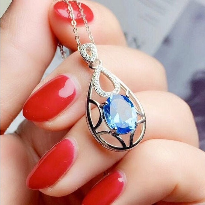 Natural Blue Topaz Pendant, Engagement Blue Topaz Silver Pendent, Woman Pendant, Pendant Necklace, Luxury Pendent, Oval Cut Stone Pendent | Save 33% - Rajasthan Living 5