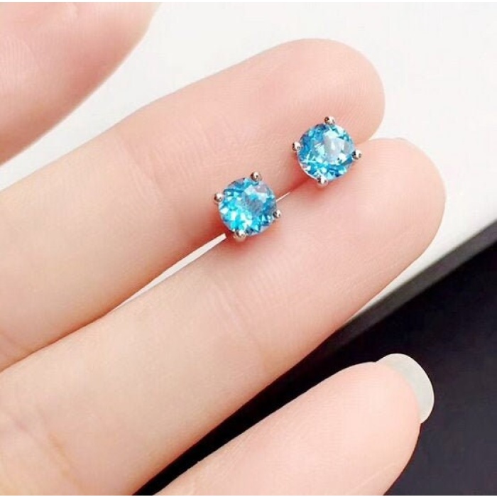 Natural Blue Topaz Stud Earrings, 925 Sterling Silver, Stud Earrings, Blue Topaz Earrings, Luxury Earrings, Round Cut Stone Earrings | Save 33% - Rajasthan Living 5