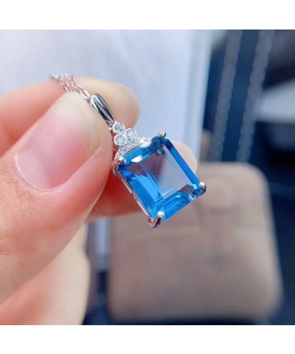 Natural Blue Topaz Pendant, Engagement Blue Topaz Silver Pendent, Woman Pendant, Pendant Necklace, Luxury Pendent, Emerald Cut Stone Pendent | Save 33% - Rajasthan Living