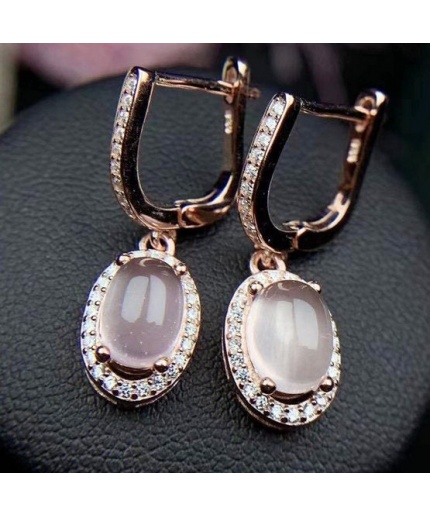 Natural Rose Quartz Drop Earrings, 925 Sterling Silver, Rose Quartz Drop Earrings, Rose Quartz Earrings, Luxury Earrings, Oval Cabochon | Save 33% - Rajasthan Living