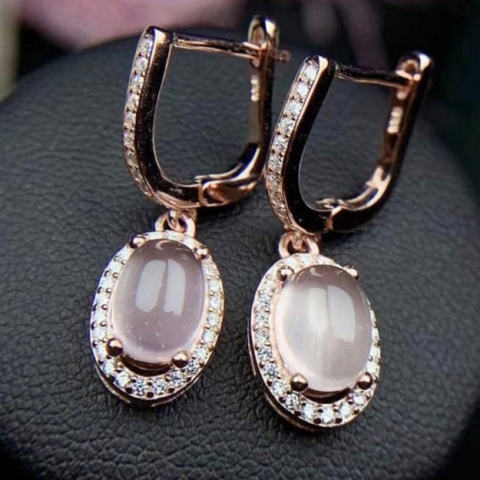 Natural Rose Quartz Drop Earrings, 925 Sterling Silver, Rose Quartz Drop Earrings, Rose Quartz Earrings, Luxury Earrings, Oval Cabochon | Save 33% - Rajasthan Living 5