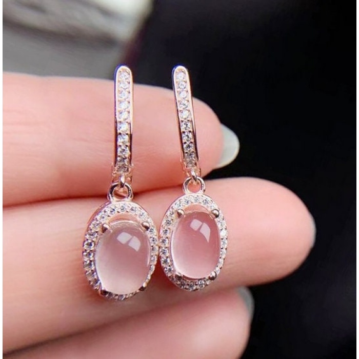 Natural Rose Quartz Drop Earrings, 925 Sterling Silver, Rose Quartz Drop Earrings, Rose Quartz Earrings, Luxury Earrings, Oval Cabochon | Save 33% - Rajasthan Living 9