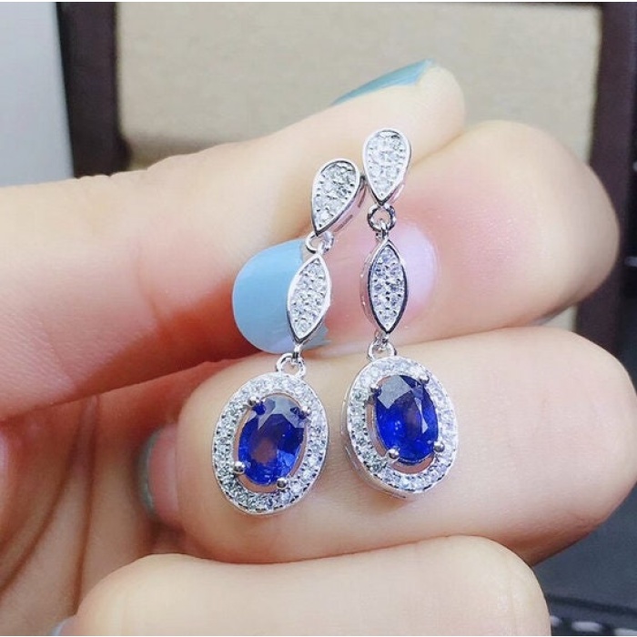 Natural Sapphire Drop Earrings, 925 Sterling Silver, Sapphire Earrings, Sapphire Silver Earrings, Luxury Earrings, Oval Cut Stone Earrings | Save 33% - Rajasthan Living 8