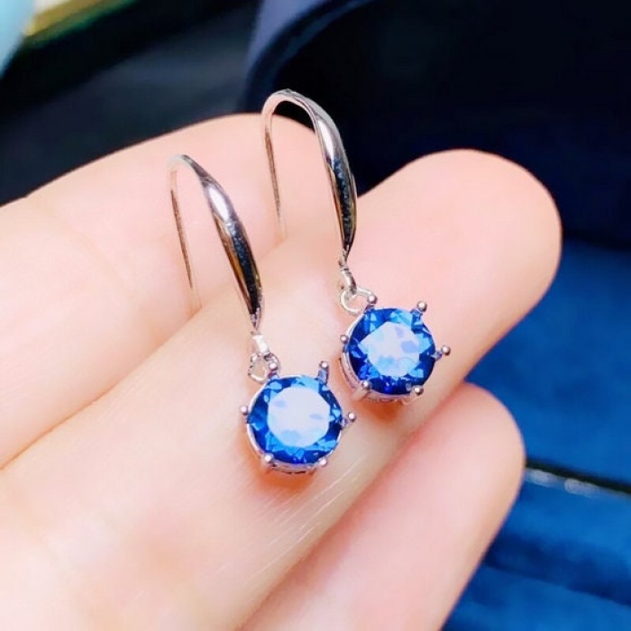 Natural Blue Topaz Drop Earrings, 925 Sterling Silver, Drop Earrings, Blue Topaz Earrings, Luxury Earrings, Round Cut Stone Earrings | Save 33% - Rajasthan Living 7