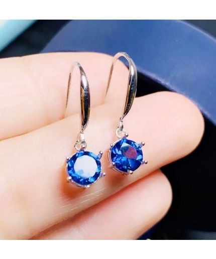 Natural Blue Topaz Drop Earrings, 925 Sterling Silver, Drop Earrings, Blue Topaz Earrings, Luxury Earrings, Round Cut Stone Earrings | Save 33% - Rajasthan Living