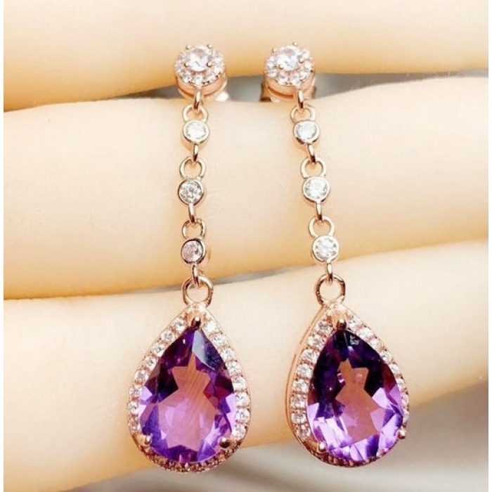 Natural Amethyst Drop Earrings, 925 Sterling SIlver Drop Earrings, Amethyst Earrings, Gold Earrings, Luxury Earrings, Pear Cut Earrings | Save 33% - Rajasthan Living 6