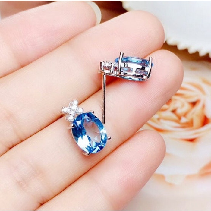 Natural Blue Topaz Stud Earrings, 925 Sterling Silver, Stud Earrings, Blue Topaz Earrings, Luxury Earrings, Oval Cut Stone Earrings | Save 33% - Rajasthan Living 8