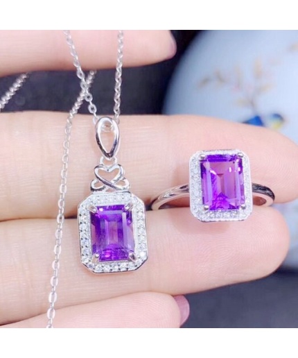 Natural Amethyst Jewellery Set , Engagement Pendent, Silver Amethyst Pendent, Woman Ring, Luxury Pendent, Emerald Cut Stone Pendent | Save 33% - Rajasthan Living