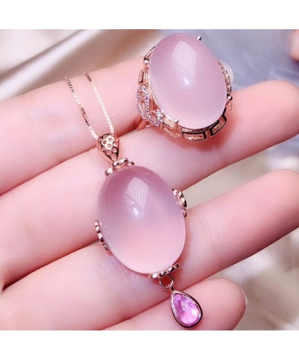 Natural Rose Quartz Jewelry Set, Engagement Ring, Rose Quartz Silver Pendent, Woman Pendant, Pendant Necklace, Luxury Ring, Oval Cabochon | Save 33% - Rajasthan Living 3