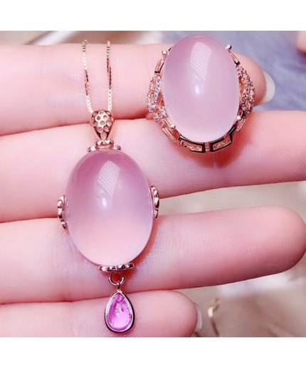 Natural Rose Quartz Jewelry Set, Engagement Ring, Rose Quartz Silver Pendent, Woman Pendant, Pendant Necklace, Luxury Ring, Oval Cabochon | Save 33% - Rajasthan Living