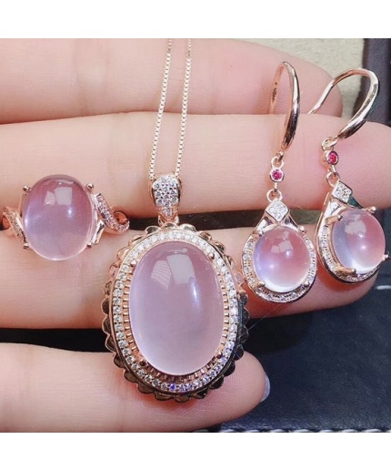 Natural Rose Quartz Jewelry Set, Engagement Ring, Rose Quartz Silver Pendent, Woman Pendant, Pendant Necklace, Luxury Ring, Oval Cabochon | Save 33% - Rajasthan Living