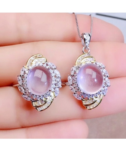 Natural Rose Quartz Jewelry Set, Engagement Ring, Rose Quartz Silver Pendent, Woman Pendant, Pendant Necklace, Luxury Ring, Oval Cabochon | Save 33% - Rajasthan Living