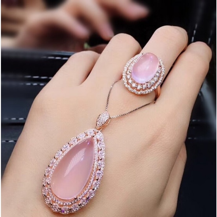 Natural Rose Quartz Jewelry Set, Engagement Ring, Rose Quartz Silver Pendent, Woman Pendant, Pendant Necklace, Luxury Ring, Pear Cabochon | Save 33% - Rajasthan Living 8