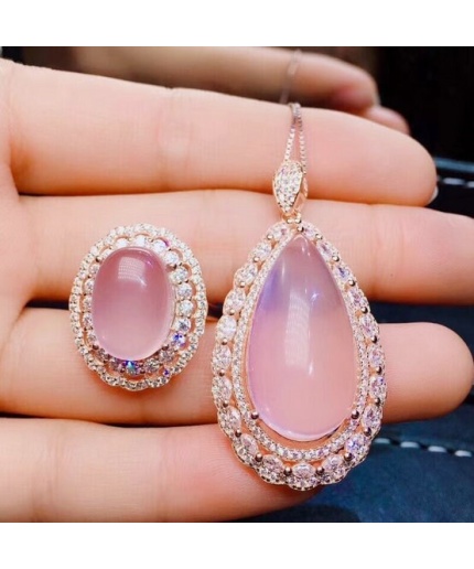 Natural Rose Quartz Jewelry Set, Engagement Ring, Rose Quartz Silver Pendent, Woman Pendant, Pendant Necklace, Luxury Ring, Pear Cabochon | Save 33% - Rajasthan Living