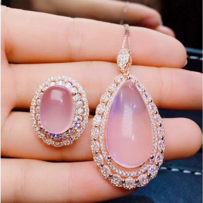 Natural Rose Quartz Jewelry Set, Engagement Ring, Rose Quartz Silver Pendent, Woman Pendant, Pendant Necklace, Luxury Ring, Pear Cabochon | Save 33% - Rajasthan Living 5