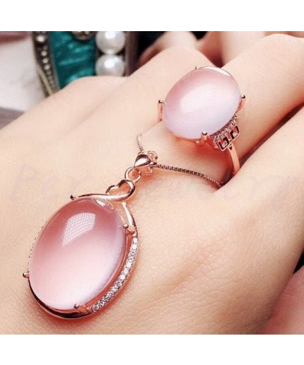 Natural Rose Quartz Jewelry Set, Engagement Ring, Rose Quartz Silver Pendent, Woman Pendant, Pendant Necklace, Luxury Ring, Oval Cabochon | Save 33% - Rajasthan Living