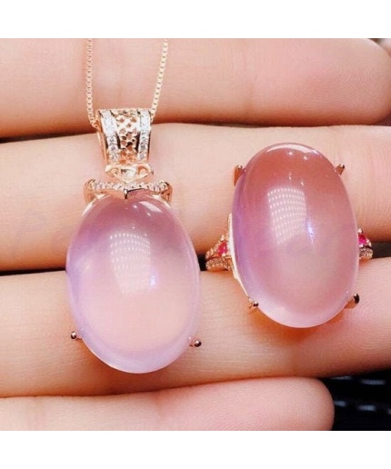 Natural Rose Quartz Jewelry Set, Engagement Ring, Rose Quartz Silver Pendent, Woman Pendant, Pendant Necklace, Luxury Ring, Oval Cabochon | Save 33% - Rajasthan Living