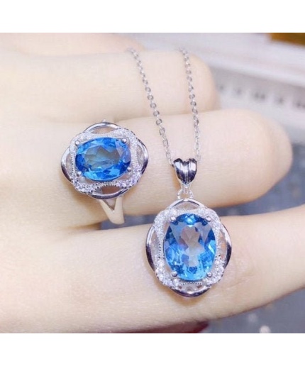 Natural Blue Topaz Jewelry Set, Engagement Ring, Blue Topaz Jewellery Set, Woman Pendant, Topaz Necklace, Luxury Pendant, Oval Cut Stone | Save 33% - Rajasthan Living