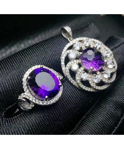 Natural Amethyst Jewellery Set , Engagement Pendent, Silver Amethyst Pendent, Woman Ring, Luxury Pendent, Oval Cut Stone Pendent | Save 33% - Rajasthan Living