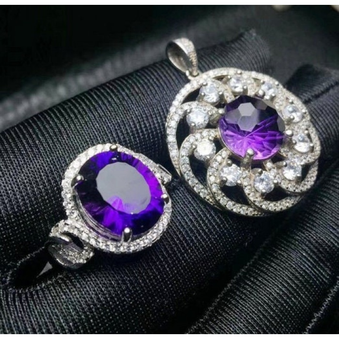 Natural Amethyst Jewellery Set , Engagement Pendent, Silver Amethyst Pendent, Woman Ring, Luxury Pendent, Oval Cut Stone Pendent | Save 33% - Rajasthan Living 5