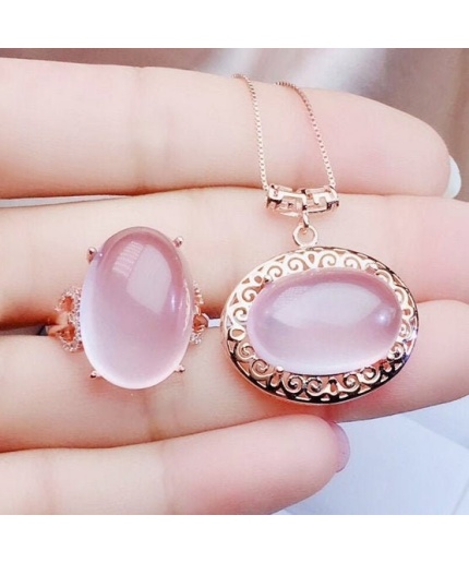 Natural Rose Quartz Jewelry Set, Engagement Ring, Rose Quartz Silver Pendent, Woman Pendant, Pendant Necklace, Luxury Ring, Oval Cabochon | Save 33% - Rajasthan Living