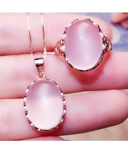 Natural Rose Quartz Jewelry Set, Engagement Ring, Rose Quartz Silver Pendent, Woman Pendant, Pendant Necklace, Luxury Ring, Oval Cabochon | Save 33% - Rajasthan Living 3