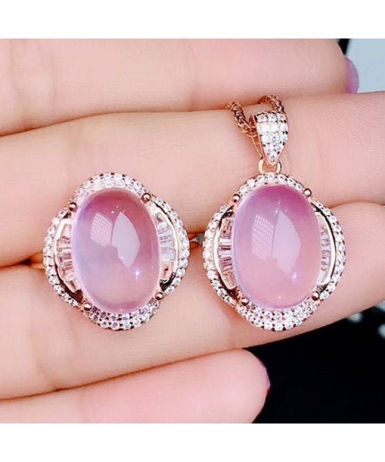 Natural Rose Quartz Jewelry Set, Engagement Ring, Rose Quartz Silver Pendent, Woman Pendant, Pendant Necklace, Luxury Ring, Oval Cabochon | Save 33% - Rajasthan Living