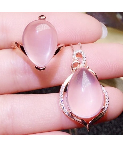 Natural Rose Quartz Jewelry Set, Engagement Ring, Rose Quartz Silver Pendent, Woman Pendant, Pendant Necklace, Luxury Ring, Pear Cabochon | Save 33% - Rajasthan Living 3