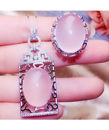 Natural Rose Quartz Jewelry Set, Engagement Ring, Rose Quartz Silver Pendent, Woman Pendant, Pendant Necklace, Luxury Ring, Oval Cabochon | Save 33% - Rajasthan Living 3