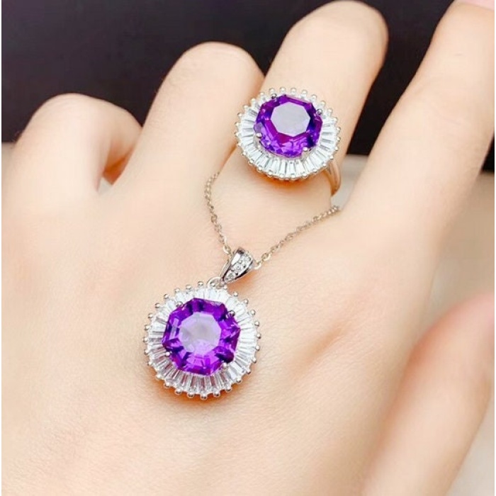 Natural Amethyst Jewellery Set , Engagement Pendent, Silver Amethyst Pendent, Woman Ring, Luxury Pendent, Round Cut Stone Pendent | Save 33% - Rajasthan Living 8