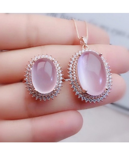 Natural Rose Quartz Jewelry Set, Engagement Ring, Rose Quartz Silver Pendent, Woman Pendant, Pendant Necklace, Luxury Ring, Oval Cabochon | Save 33% - Rajasthan Living