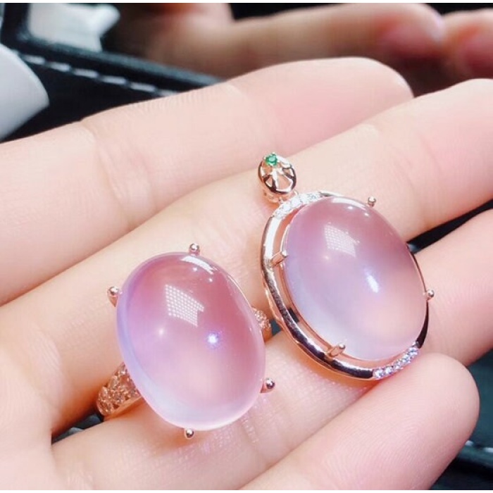 Natural Rose Quartz Jewelry Set, Engagement Ring, Rose Quartz Silver Pendent, Woman Pendant, Pendant Necklace, Luxury Ring, Oval Cabochon | Save 33% - Rajasthan Living 8