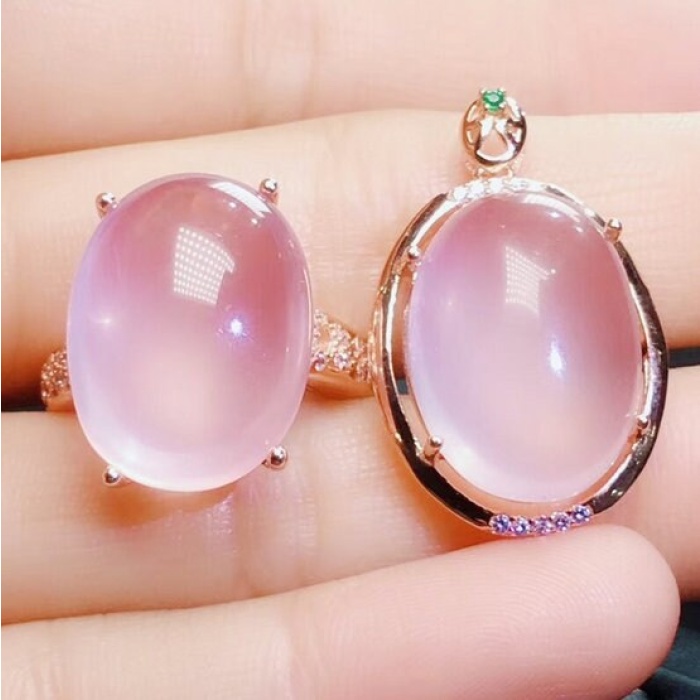 Natural Rose Quartz Jewelry Set, Engagement Ring, Rose Quartz Silver Pendent, Woman Pendant, Pendant Necklace, Luxury Ring, Oval Cabochon | Save 33% - Rajasthan Living 9