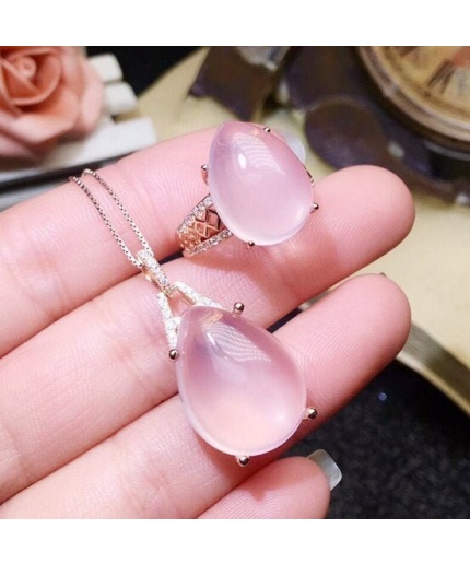 Natural Rose Quartz Jewelry Set, Engagement Ring, Rose Quartz Silver Pendent, Woman Pendant, Pendant Necklace, Luxury Ring, Oval Cabochon | Save 33% - Rajasthan Living