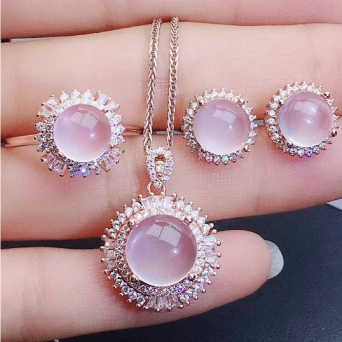 Natural Rose Quartz Jewelry Set, Engagement Ring, Rose Quartz Silver Pendent, Woman Pendant, Pendant Necklace, Luxury Ring, Round Cabochon | Save 33% - Rajasthan Living 5