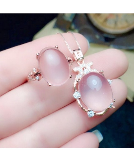 Natural Rose Quartz Jewelry Set, Engagement Ring, Rose Quartz Silver Pendent, Woman Pendant, Pendant Necklace, Luxury Ring, Oval Cabochon | Save 33% - Rajasthan Living