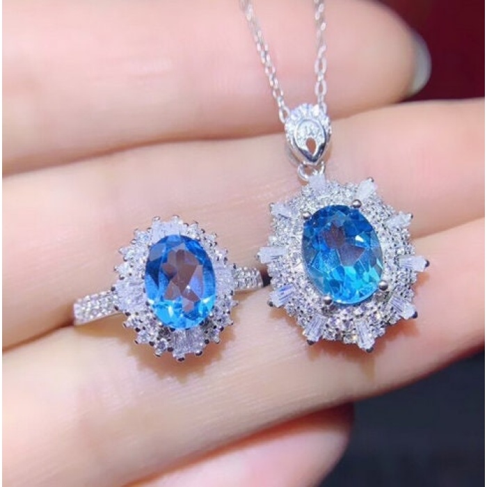 Natural Blue Topaz Jewelry Set, Engagement Ring, Blue Topaz Jewellery Set, Woman Pendant, Topaz Necklace, Luxury Pendant, Oval Cut Stone | Save 33% - Rajasthan Living 8