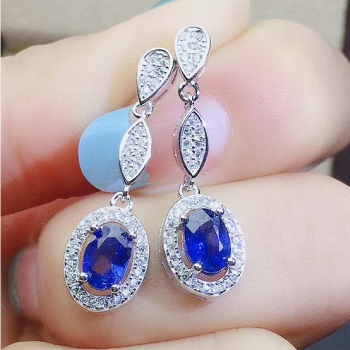 Natural Sapphire Drop Earrings, 925 Sterling Silver, Sapphire Earrings, Sapphire Silver Earrings, Luxury Earrings, Oval Cut Stone Earrings | Save 33% - Rajasthan Living 6