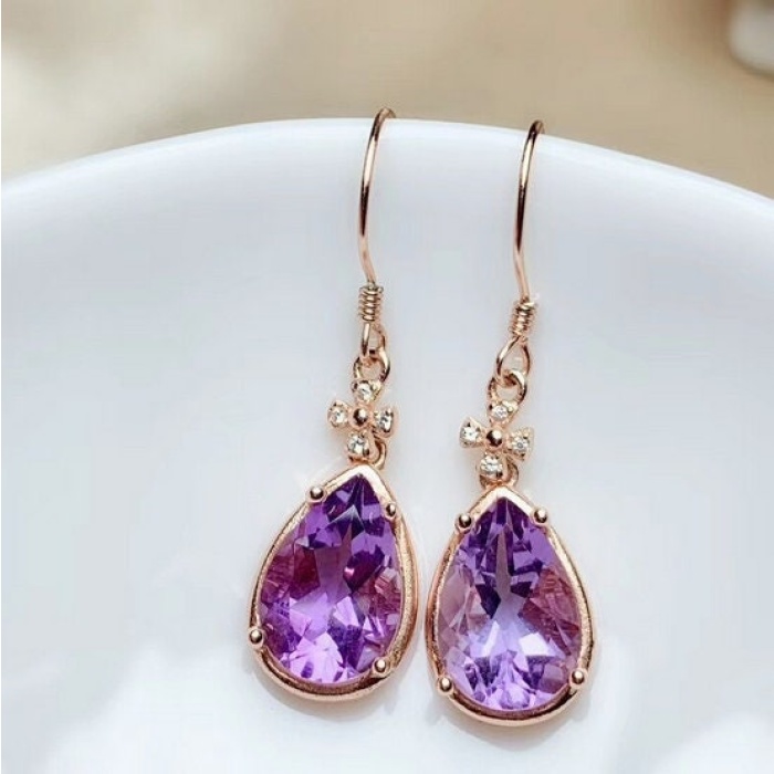 Natural Amethyst Drop Earrings, 925 Sterling SIlver Drop Earrings, Amethyst Earrings, Gold Earrings, Luxury Earrings, Pear Cut Earrings | Save 33% - Rajasthan Living 7