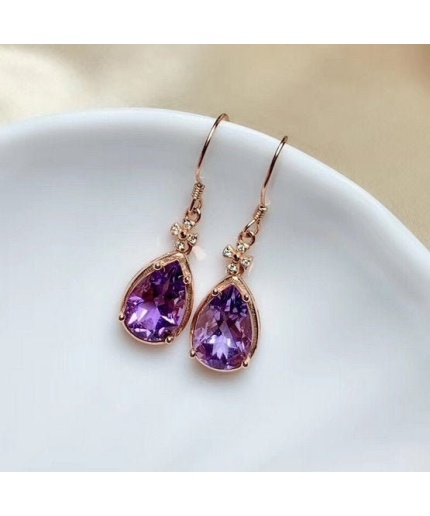 Natural Amethyst Drop Earrings, 925 Sterling SIlver Drop Earrings, Amethyst Earrings, Gold Earrings, Luxury Earrings, Pear Cut Earrings | Save 33% - Rajasthan Living