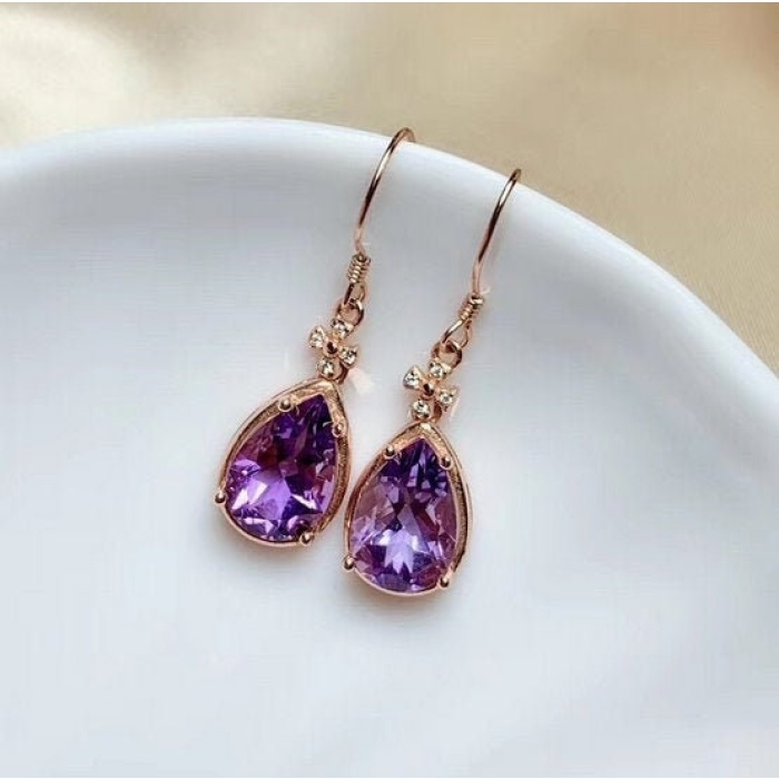 Natural Amethyst Drop Earrings, 925 Sterling SIlver Drop Earrings, Amethyst Earrings, Gold Earrings, Luxury Earrings, Pear Cut Earrings | Save 33% - Rajasthan Living 5